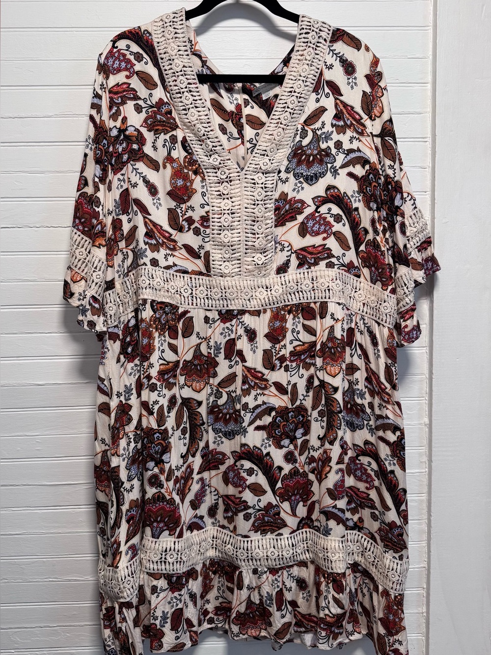 Bohemian Floral Crochet-Trim Dress- Cream with Brown & Rust Floral